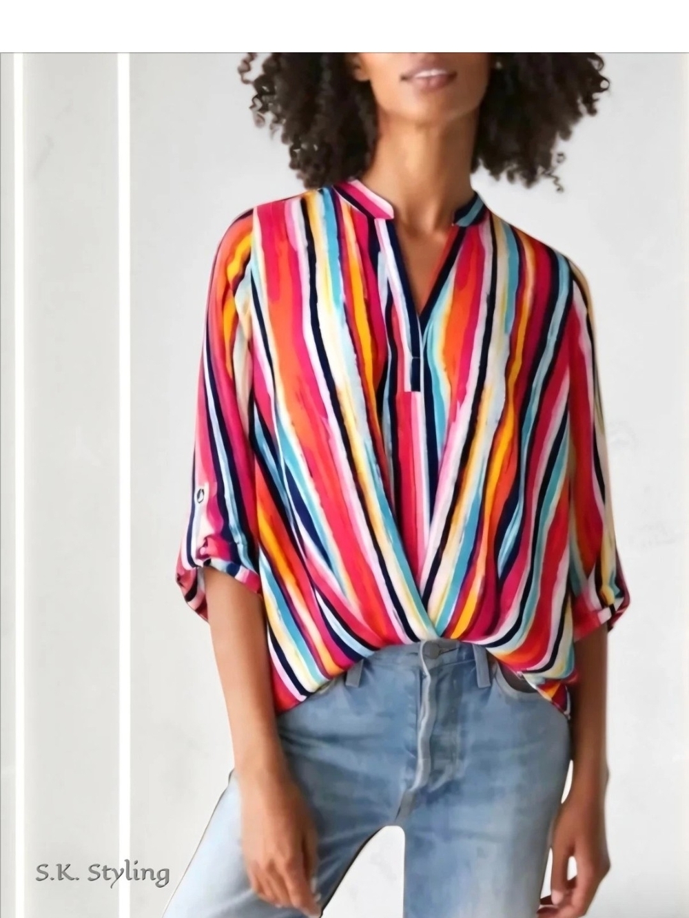 NEW Relaxed Fit Blouse Multicolor Brushed Stripe Hi-Low Twist Hem MEDIUM/Large